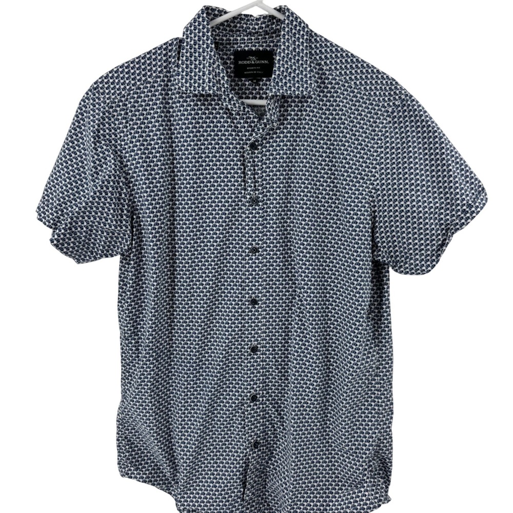 Rodd & Gunn‎ Sports Fit Mens Short Sleeve Button Up Shirt Blue White Dog Print M
